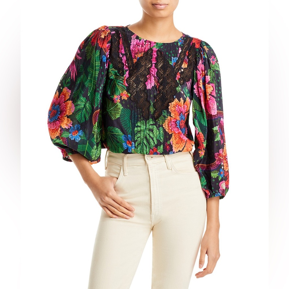 FARM Rio Black and Pink Puff Sleeve Crop Blouse